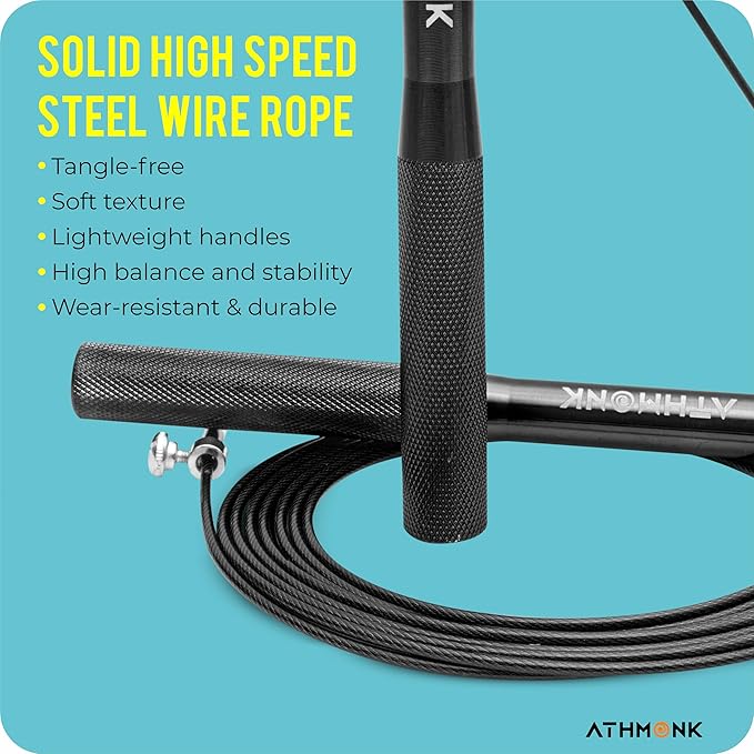 Athmonk Steel Wire High Speed Skipping Rope For Men & Women - Jumping Rope For Exercise - Metal Handle - Tangle Free 10ft Long Adjustable